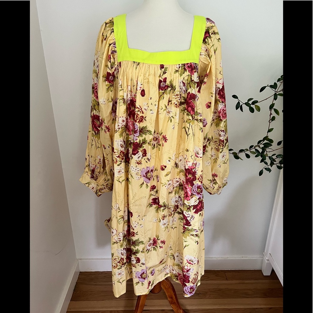 Batsheva Yellow Floral Midi Dress with Neon Lime Square Neck